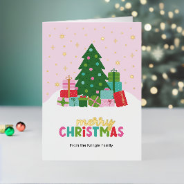 パステルピンクのクリスマスタリーとプレゼント 箔シーズンカード