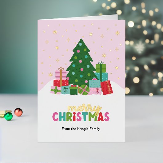 パステルピンクのクリスマスタリーとプレゼント 箔シーズンカード (クリスマスインサイチュ2)