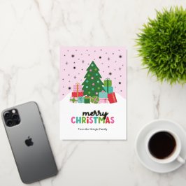 パステルピンクのクリスマスタリーとプレゼント 箔シーズンカード