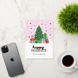 パステルピンクのクリスマスツリーとプレゼントのホリデーグリーティング 箔シーズンカード