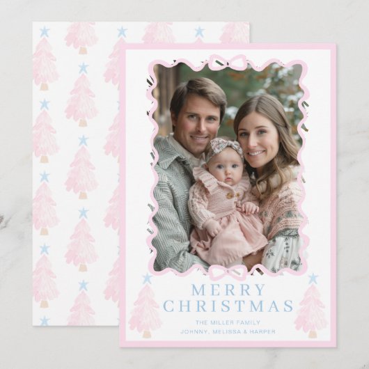 パステルピンクのクリスマス水彩クリスマスツリー シーズンカード (正面/裏面)