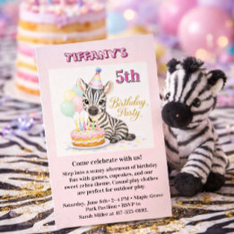 パステルピンクのサファリゼブラガール5歳の誕生日パーティー 招待状
