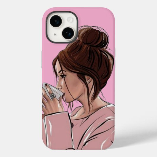 パステルピンクのシックなお団子ヘアの女子がコーヒーを飲む  Case-Mate iPhoneケース (裏面)