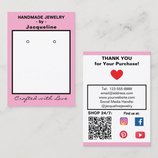 パステルピンクのジュエリー イヤリング ソーシャル QRコード 名刺 (正面/裏面)