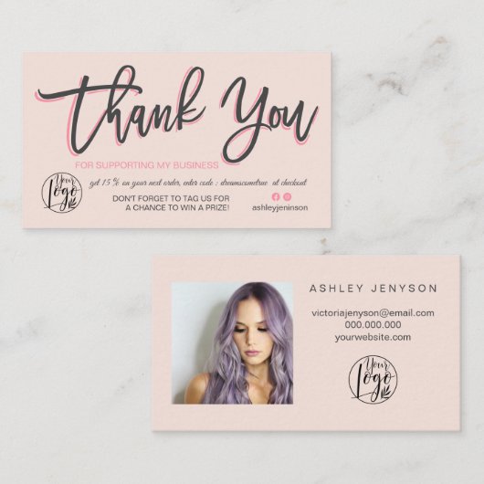 パステルピンクのスクリプトの写真のロゴの順感謝してい序を表示 名刺 (正面/裏面)