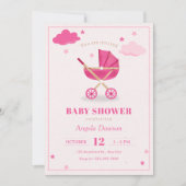 パステルピンクのソフトベビーベビーカーのベビーシャワー 招待状 (正面)