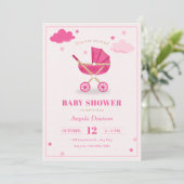 パステルピンクのソフトベビーベビーカーのベビーシャワー 招待状 (スタンド正面)