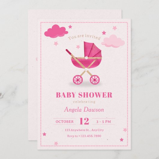 パステルピンクのソフトベビーベビーカーのベビーシャワー 招待状 (正面/裏面)