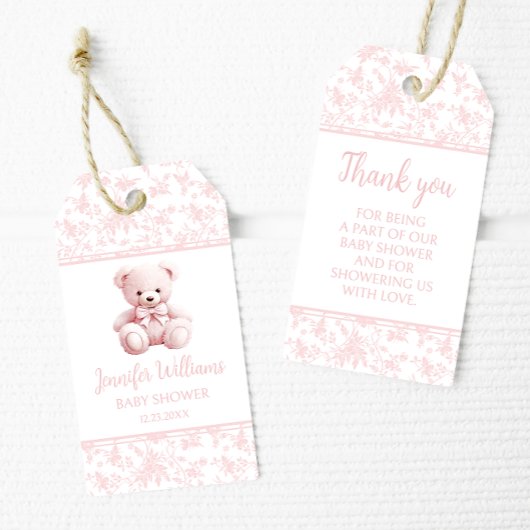 パステルピンクのテディ熊の女の子のシャワー感謝していユー ギフトタグ