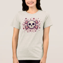 パステルピンクのドクロと骨 トライブレンドTシャツ