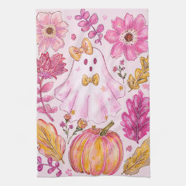 パステルピンクのハロウィーンの幽霊と花とカボチャ キッチンタオル