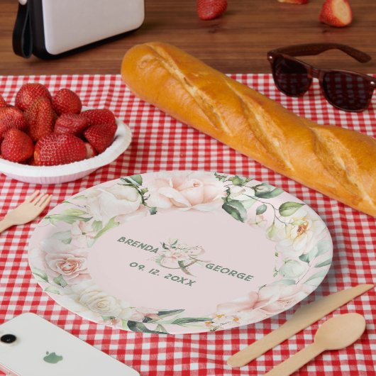 パステルピンクのバラの水カラーリース ペーパープレート (ピクニック)