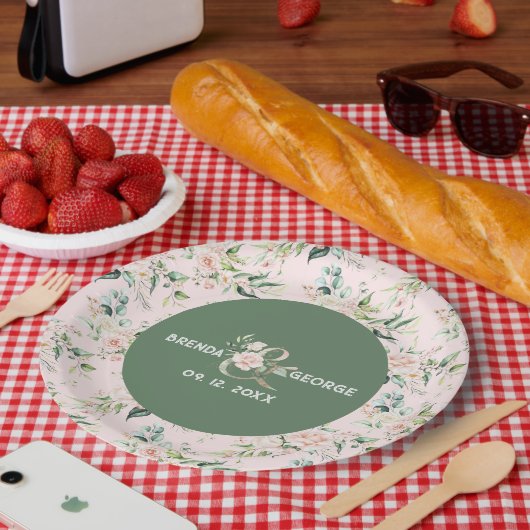 パステルピンクのバラの水色シームレスパターンパップ ペーパープレート (ピクニック)