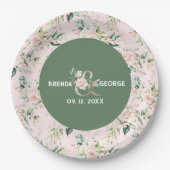 パステルピンクのバラの水色シームレスパターンパップ ペーパープレート (正面)