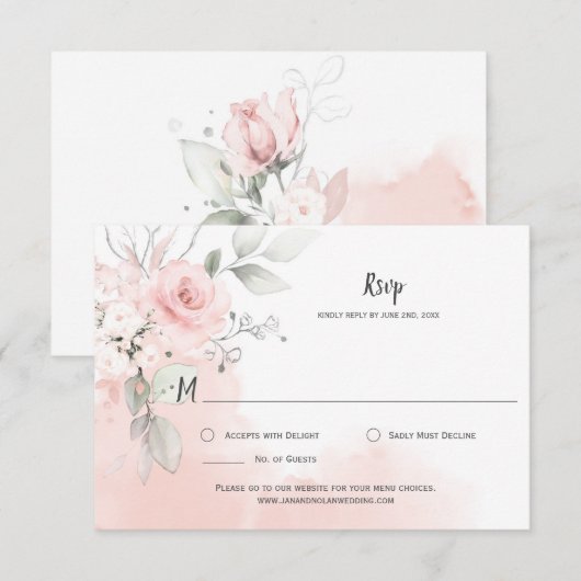 パステルピンクのバラ 淡いピンクの水彩画 出欠カード (正面/裏面)