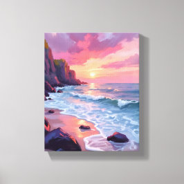 パステルピンクのビーチの夕日 オーシャンウェーブ 水彩画 キャンバスプリント