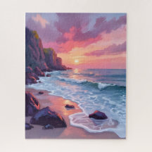 パステルピンクのビーチの夕日 オーシャンウェーブ 水彩画