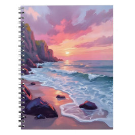 パステルピンクのビーチの夕日 オーシャンウェーブ 水彩画 ノートブック