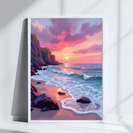 パステルピンクのビーチの夕日 オーシャンウェーブ 水彩画 ポスター