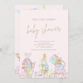 パステルピンクのピーターうさぎの友達ベビーシャワー 招待状 (正面/裏面)