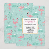 パステルピンクのフラインゴが緑の模様のウェディング 招待状 (正面/裏面)