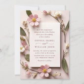 パステルピンクのブーシュ ボヘミアンワイルドフラワーの結婚式QRコード 招待状 (正面)