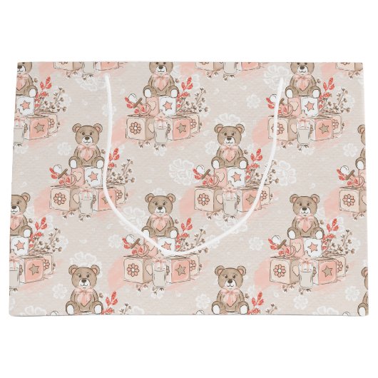 パステルピンクのベビーブロックTEDDYクマ花 ラージペーパーバッグ (正面)