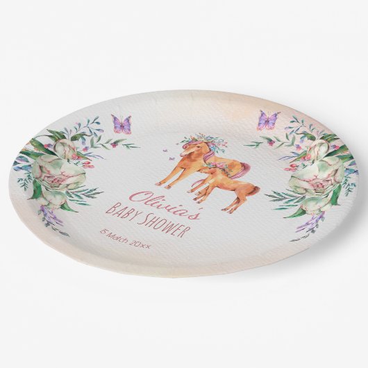 パステルピンクのベビー馬と母の赤ちゃんシャワー ペーパープレート (アングル)