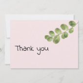 パステルピンクのミント金ゴールドユーカリ葉ありがとう 招待状 (正面)