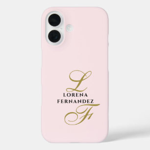 パステルピンクのモダンゴールド カリグラフィーイニシャル iPhone 16ケース