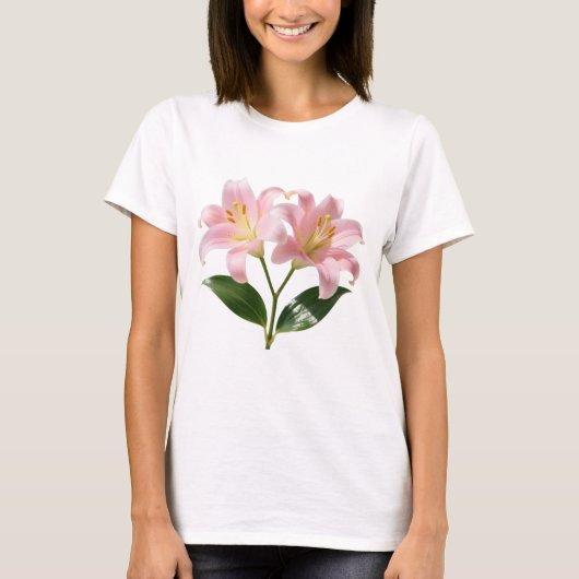パステルピンクのユリの植物画 Tシャツ (正面)
