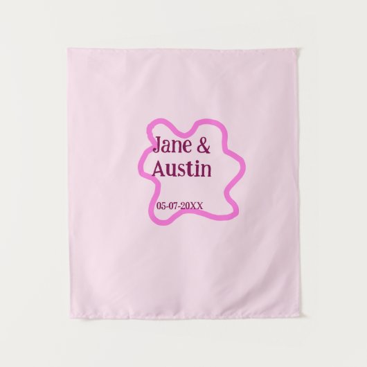 パステルピンクのレトロな結婚式のボーダー枠 名前 日付 タペストリー (正面)