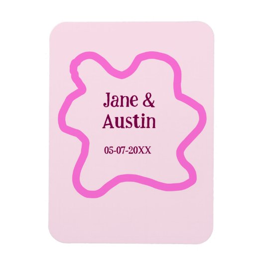 パステルピンクのレトロな結婚式のボーダー枠 名前 日付 マグネット (縦)