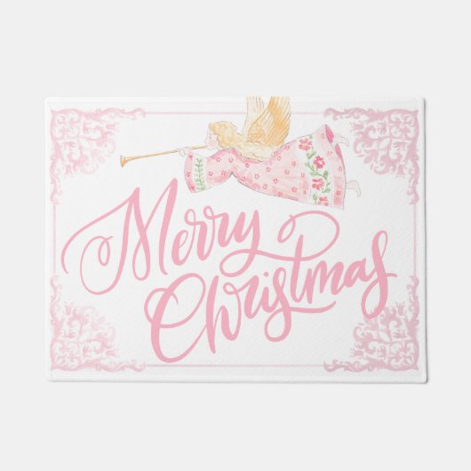 パステルピンクの天使のクリスマス ドアマット (正面)