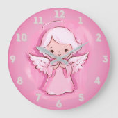 パステルピンクの天使、ホットピンクとグレー ラージ壁時計 (正面)