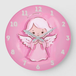 パステルピンクの天使、ホットピンクとグレー ラージ壁時計