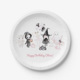 パステルピンクの女の子のハロウィンお誕生日おめでとう ペーパープレート