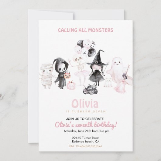 パステルピンクの女の子ハロウィーンの誕生日 招待状 (正面)