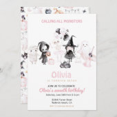 パステルピンクの女の子ハロウィーンの誕生日 招待状 (正面/裏面)