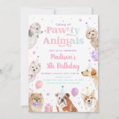パステルピンクの子犬パーティー 動物の誕生日 招待状 (正面)