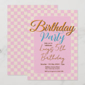 パステルピンクの市松模様の誕生日パーティー 招待状 (正面/裏面)