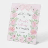 パステルピンクの弓フローラの赤ちゃんシャワー歓迎サイン 台座サイン (正面)