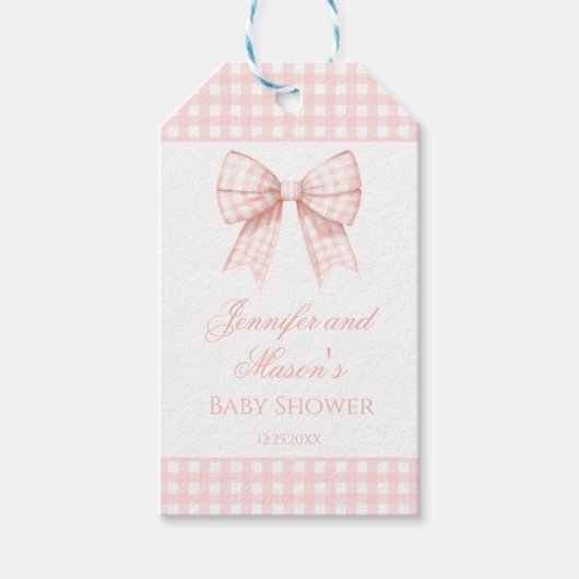 パステルピンクの弓ベビーシャワー感謝していユーメッセージカード ギフトタグ (正面)