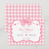 パステルピンクの弓柄の誕生日 招待状 (正面/裏面)