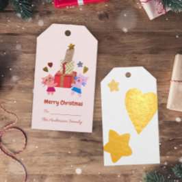 パステルピンクの折り紙ペーパーコラージュの猫のクリスマス ギフトタグ