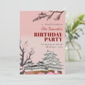 パステルピンクの日本の花の誕生日 招待状 (スタンド正面)