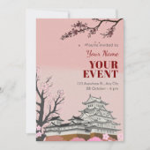 パステルピンクの日本花 招待状 (正面)