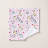 パステルピンクの月、星、雲のパターン バスタオルセット (ウォッシュタオル)