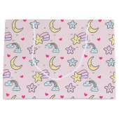 パステルピンクの月、星、雲のパターン ラージペーパーバッグ (正面)