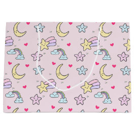 パステルピンクの月、星、雲のパターン ラージペーパーバッグ